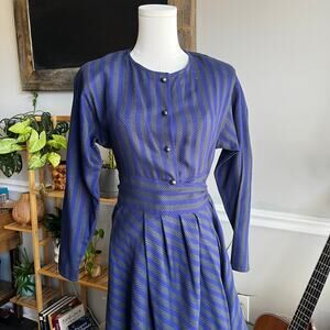 Vintage 70s Navy & Gray Striped Wool Cotton Wrap Maxi Dress Size XS Small